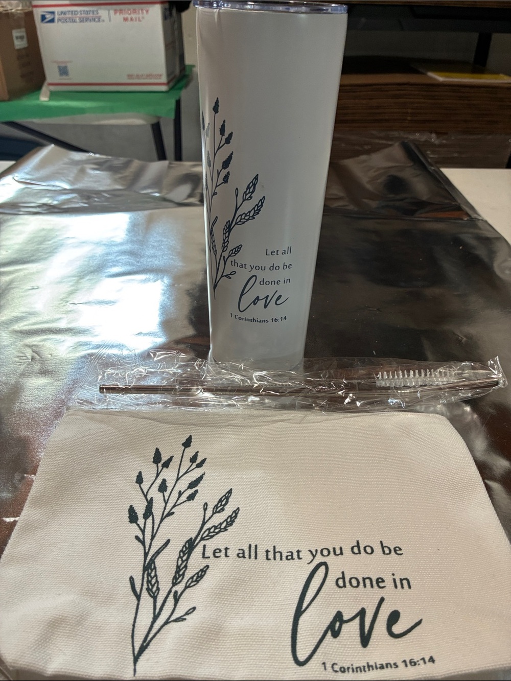 White Inspirational Travel Tumbler & Cosmetic Pouch Set - Love Scripture